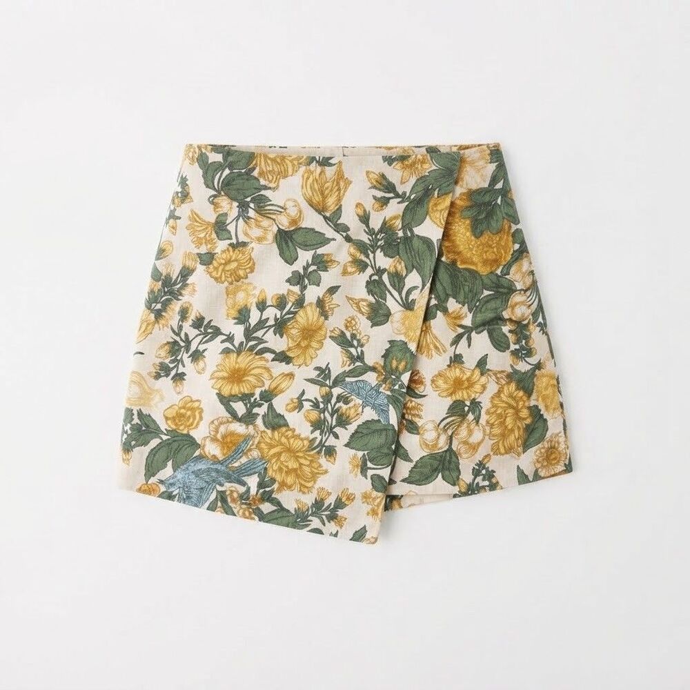 Abercrombie & Fitch Linen Blend Floral Bird Print Skort Skirt Shorts Size S